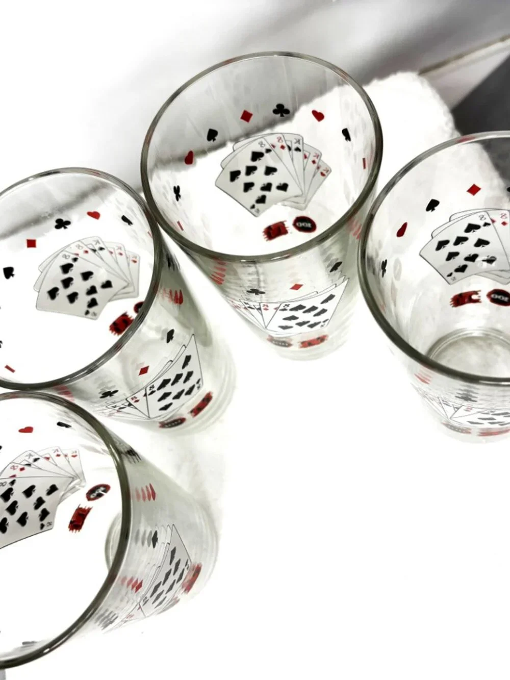 VTG Barware Set of 4 Beer Glasses Full House Playing Cards  w/ Poker Chips